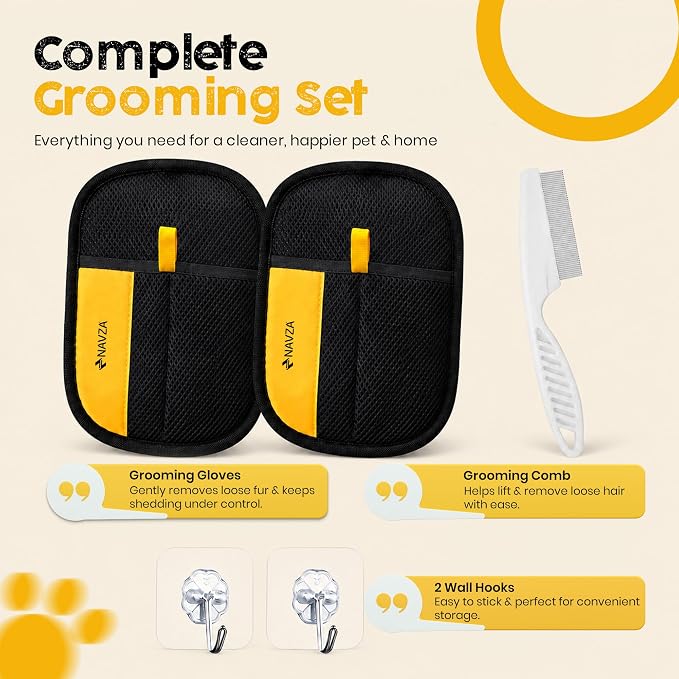 Pet Hair Removal Glove for Dogs & Cats – Reusable Electrostatic Pet Hair Remover Glove Quick Wiping & Washable – 2PCS Magic Brush pet Hair Tool with Comb & 2 Wall Hooks
