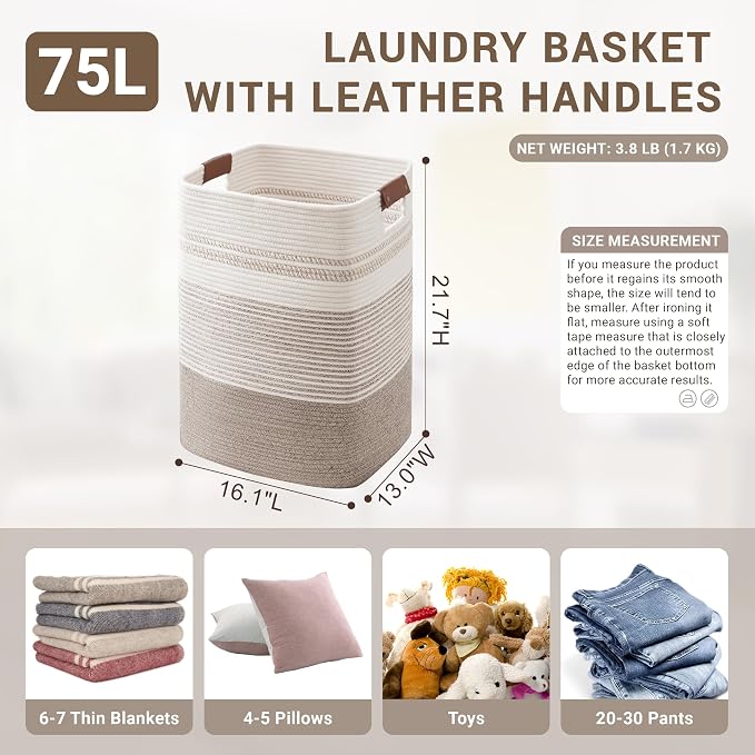 75L Tall Woven Laundry Basket Hamper with Leather Handles,Brown | collapsible wicker hamper, storage for dirty clothes, toys, blankets, gifts, living room, bedroom, bathroom, 16"x13"x22"