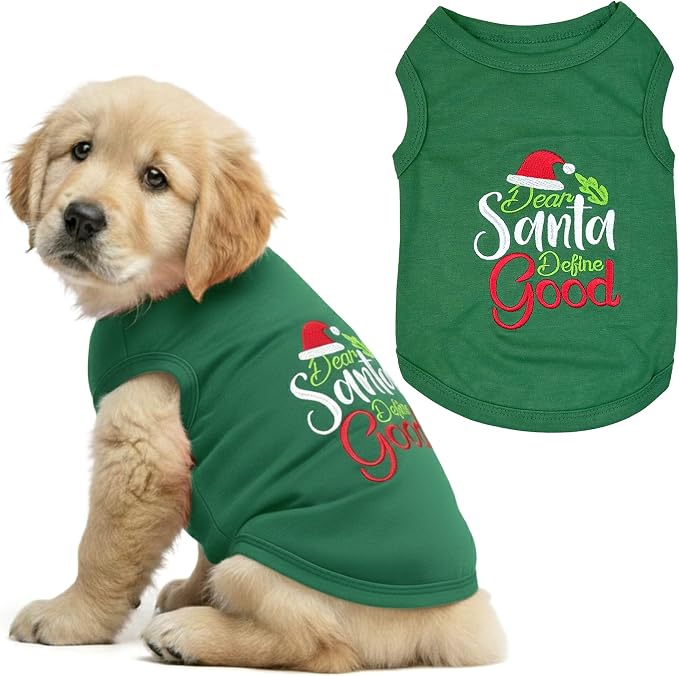 Parisian Pet Dog Tshirt - Embroidered “Dear Santa Define Good“ Dog Christmas Shirt - 100% Cotton Shirt - Sleeveless Clothes - Machine Washable Dogs Vest - Shirts for Small Dogs - XS