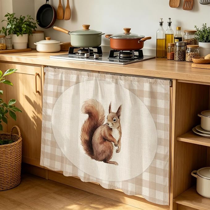 Squirrel Plaid Cabinet Dishwasher Hidden Curtains, Privacy Closet Door Curtain, Rustic Farmhouse Checkered Retro Animal Adhesive Dust Proof Under Sink Skirt for Bathroom Kitchen 35"x35"