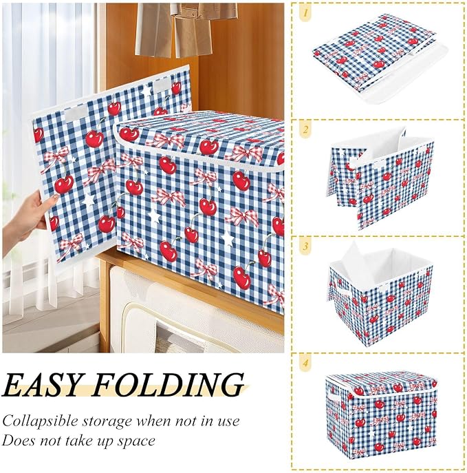 Cherry Gingham Fabric Storage Bins with Lid Foldable Storage Boxes Baskets | Decorative Storage Boxes, Foldable & Stackable, Dust-Proof Flip Top, Reinforced Handles, For Home & Dorm, Clothes & Toy Box
