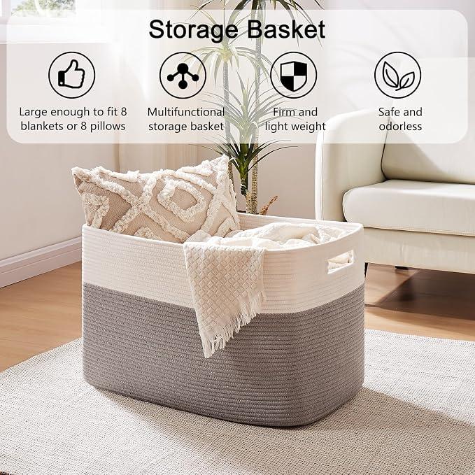 OIAHOMY 108L Extra Large Blanket Basket Dog Toy Basket Grey/White | Rectangle Woven Baskets for Storage Cotton Rope Basket For Living Room Toy Storage Blanket Storage Laundry Basket