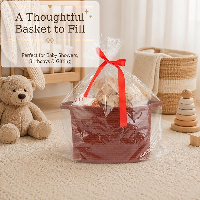 XUANGUO Woven Cotton Rope Storage Basket with Handles 13x10x9 inch Rustic | Woven cotton rope basket for shelves and closets. Perfect for toys, books, clothes, nursery storage and gift baskets.