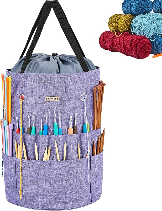 HOMEST Crochet Bag Organizer for Yarn Storage, and Knitting Accessories | Customized front compartment, 6 oversized grommets and drawstring closure for hooks, needles and projects, Purple