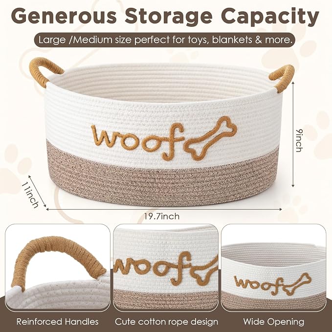 Zhehao Dog Woven Toy Basket with Handles, 19 x 11 x 9 in, White Flaxen | Cotton Rope Dog Toy Storage Bin, Pet Basket with Woof Bone Embroidery, for Puppy Bone & Blankets