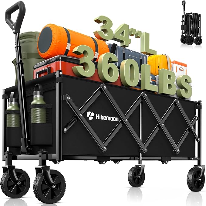 34'' Extra Long Folding Portable Wagon Cart, 120L 360LBS Black | Wagons Carts Foldable, Heavy Duty, Collapsible Compact Storage, Utility for Shopping/Grocery/Garden/Camping/Sports