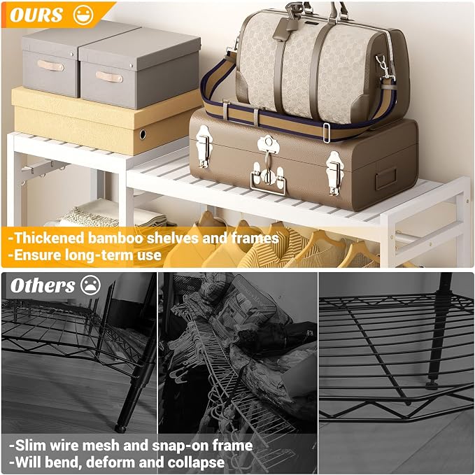 Bamboo Closet System Set of 2, 41.4” Wide Clothing Rack, Pure White | Freestanding Clothes Rack with 14 Adjustable Shelves, 4 Rods, 8 Hooks, Open Wardrobe Organizer, Wood Garment Rack for Bedroom