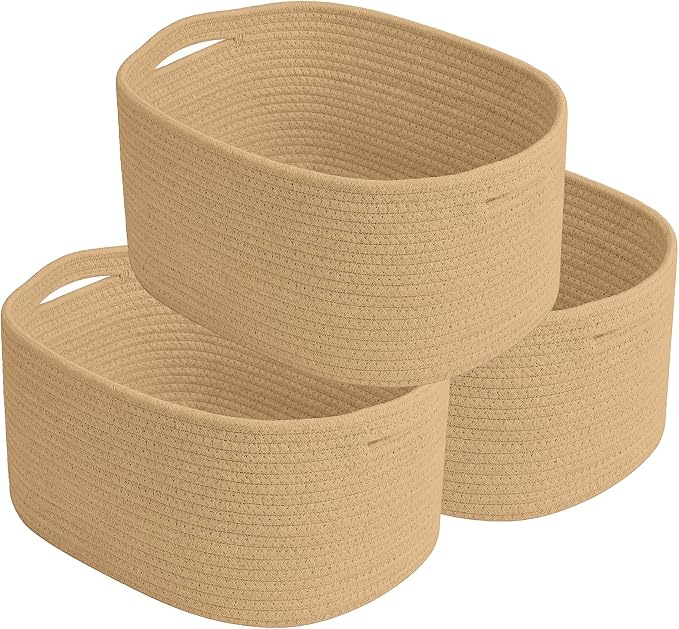 ECDYQXVU 15x10x9 Inch Woven Cotton Rope Storage Basket, 3 Pack | Foldable Design, Built-in Handles, Space-saving Organizer for Living Room, Bedroom, Laundry, Shelves, Clothes, Towels