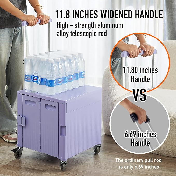 Folding Utility Cart Portable Rolling Crate Handcart Shopping Trolley Collapsible Tool Box, with Lid, on Rotate Wheels, for Grocery, Shopping, Office, Teacher, Camp,File (Purple)