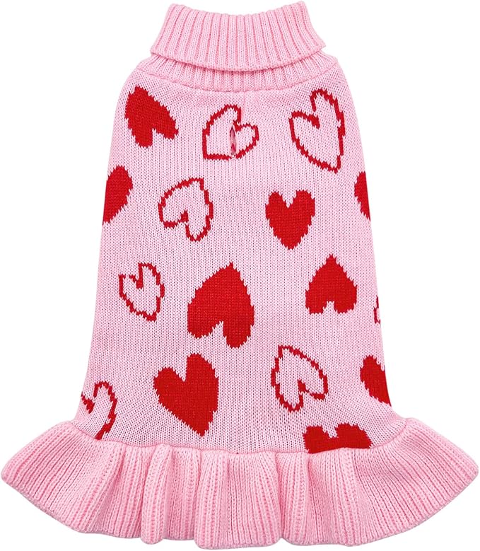 cyeollo Valentines Dog Sweater Dress, Turtleneck Pullover Heart Outfit
