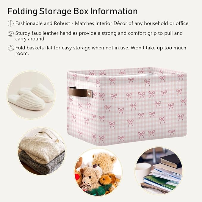 Wamika Pink Cherry Bow Storage Basket with Waterproof Liner and PU Handles Coquette Bowknot Storage Bins Boxes 14.2" Collapsible Decorative Organizer Baskets for Bedroom Closet Office 2 Pack