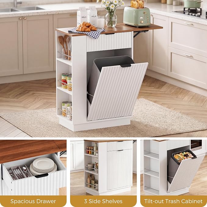 10 Gallon Tilt-Out Trash Can Cabinet with Drop Leaf, Drawer & Side Shelves.