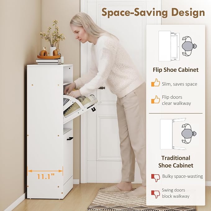 HOMCOM Shoe Cabinet with 2 Flip Drawers, Open Shelf, up to 12 Pairs, White | Narrow Storage Cabinet, Adjustable Dividers, Entryway Shoe Storage Unit, for Hallway