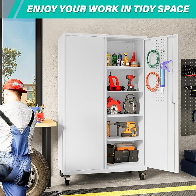 Wide & Deep Metal Storage Cabinet with Wheels,Tall Rolling Garage Storage Cabinet with Lock,White Metal Cabinets with Pegboards and Shelves,Tool Locker for Garage,Home,Office,43''Wx 20''Dx71"H
