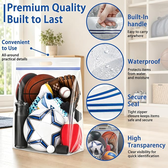 Extra Large 25 Gallon Storage Bags - 35” x 24” with Resealable Zip and Carry Handle, Ideal for Clothes, Pillows, Moving and Travel, Set of 10