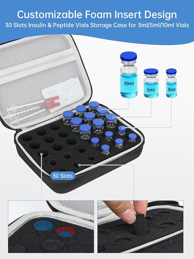 Peptide Case for Fridge & Insulin Travel Case, Adjustable 30-Slot Diabetes Care Supply Holder for 3ml/5ml/10ml Vials, Peptide Vials Storage Kit for Syringes, Alcohol Pads & Diabetic Essentials
