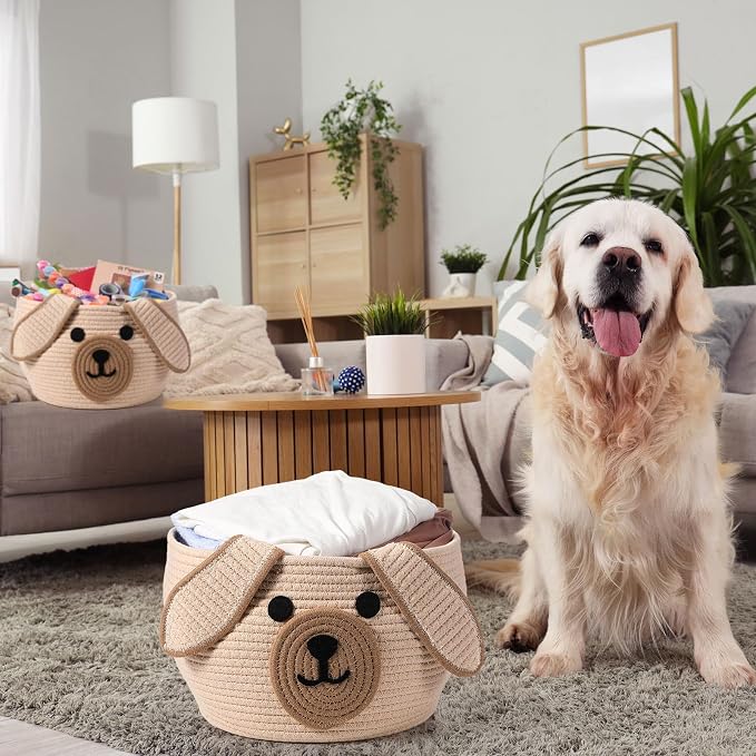 Zopeal Woven Dog Basket with Handles for Toy Storage,Khaki,13 x 8 Inch | Pet Gift Basket, Toys Storage Organizer, Cotton Rope Rectangular Bin, Keeps Puppy Items Organized, Sturdy Handles