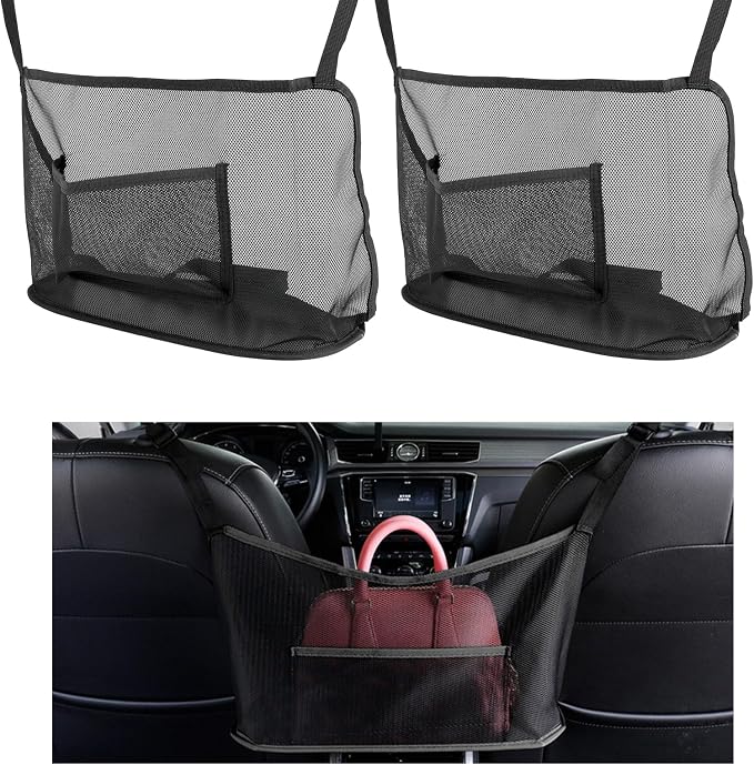 Ziciner 2 PCS Car Net Pocket Handbag Holder, Organizer Mesh Bag Between Two Seat, Driver Storage Netting Pouch for Handbag Purse, Barrier of Backseat Pet, Car Accessories for Women Men (Black)