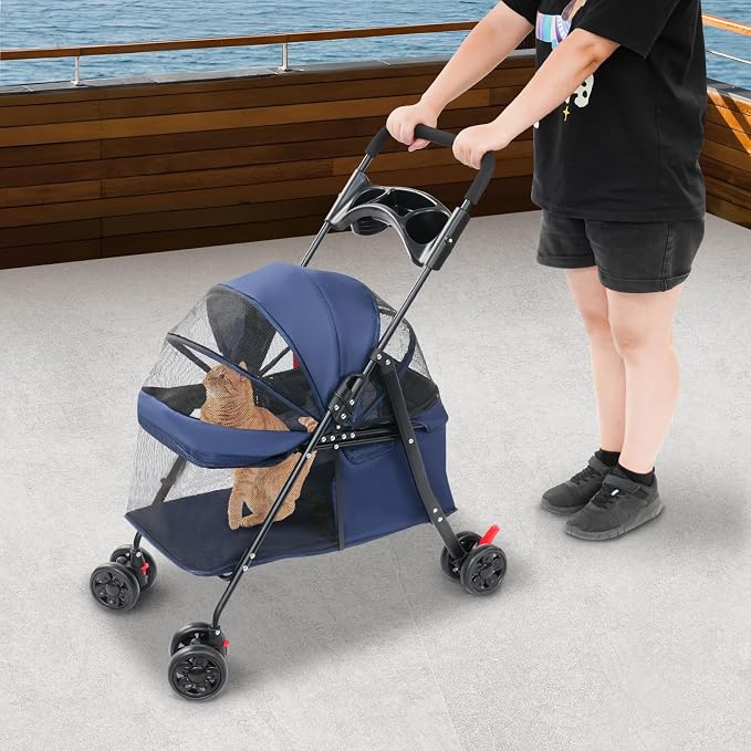 Foldable Pet Stroller with Mesh Windows, 40lbs Capacity Pet Carrier Cart with Locking Wheels, Breathable Cat & Dog Stroller for Small Animals, Foldable Pet Travel Cart for Outdoor (Navy Blue)