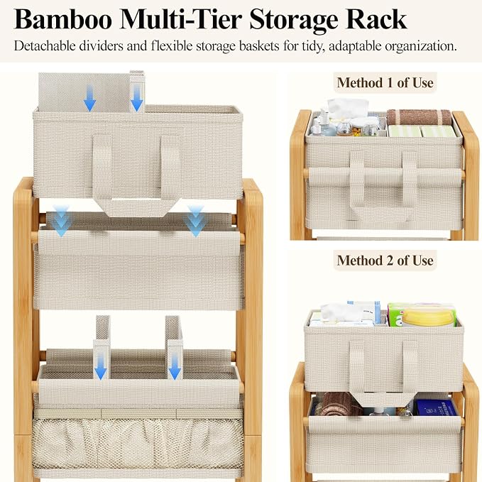 Bamboo Diaper Caddy Cart with Wheels - 3-Tier Rolling Storage，Beige | Removable bins, side pockets, sturdy handle, smooth wheels. For nursery, living room, laundry, pet. Natural bamboo, versatile