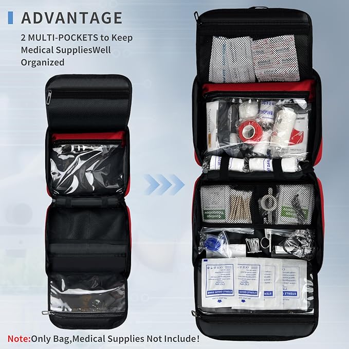 First Aid Bag Empty, Compact and Portable Medical Supplies Organizer with Multiple Compartments, Emergency Trauma Bag for Travel, Camping, Hiking, Car, Travel and Home Use, Red(Bag Only)