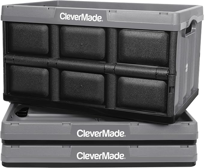 CleverMade Collapsible Storage Bin (100% Recycled) - 46L - Stone (3PK) | Carry Groceries, Tools, and Gear Without Bulky Totes | Each Bin Holds 75 lb, Stacks Securely, and Folds to 2.75 Inches