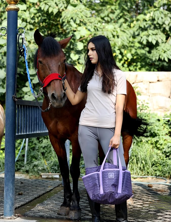 Horse Grooming Tote Bag, Waterproof Grooming Organizer with Multiple Pockets for Brushes & Tools, Stable & Show Use Purple