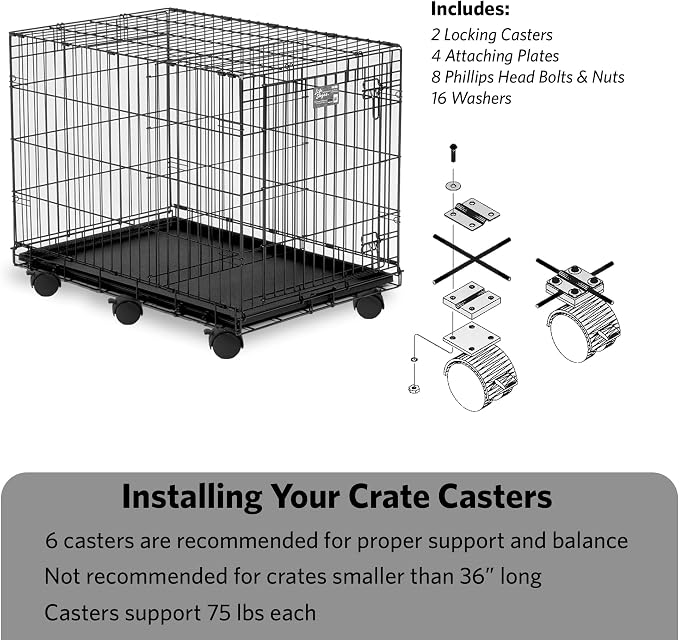 MidWest Homes for Pets Universal Dog Crate Casters, Easy Roll, Safety Locks, Pack of 2 Wheels