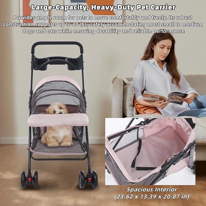 Pet Stroller for Small Medium Dogs Up to 40lbs, 4 Wheels Folding Pet Carriage Cart for Dogs Cats, Portable Cat Puppy Jogging Stroller with Rear Pocket and Cup Holder (Upgraded, Light Pink)