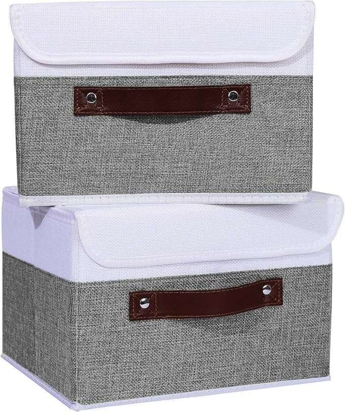 ANMINY Fabric Storage Box Bins with Lids, Gray White, 10"x8"x7", 4 Pack | Keepsake Memory Storage, Cotton Linen, PP Board Reinforced, Washable, PU Handles, Foldable & Stackable, Decorative, Small