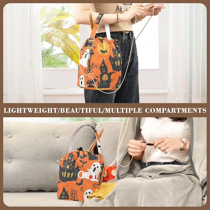 Tatenale Crochet Bag Yarn Bag Knitting Project Bag with Pockets and Handle Portable Yarn Storage Organizer Tangle Free 8.3x11 InchFunny Orange Halloween Bat Castle Ghost Pumpkins17