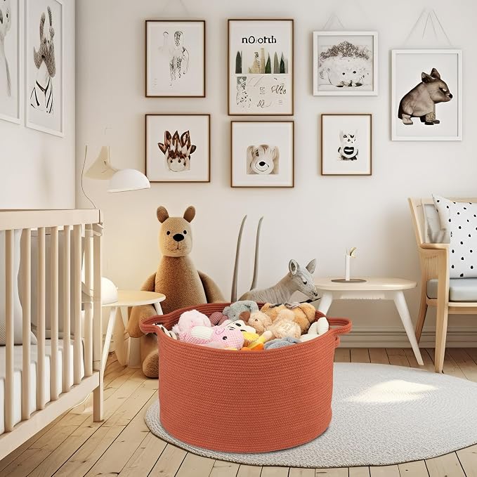 XUANGUO Extra Large Cotton Rope Round Storage Basket 22" x 14" Rustic | Woven basket for blankets, toys, towels, laundry, nursery, living room and pet toy storage.