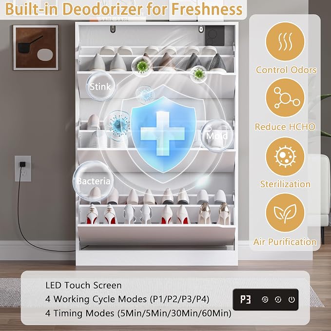 BORNOON Shoe Cabinet with Odor Control and Back Panels, Deodorizing Slim 3-Flip Shoe Storage Cabinet for Entryway, Freestanding Hidden Shoe Rack Organizer for Entrance, Hallway, Bedroom