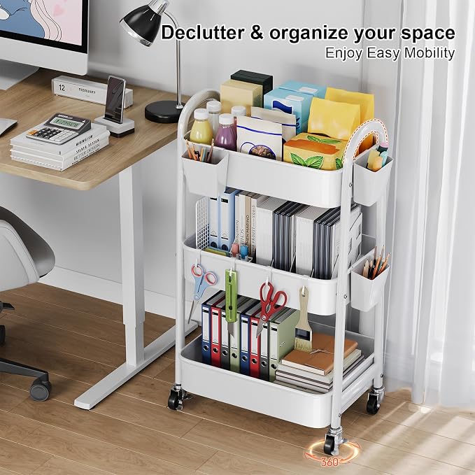 3 Tier Metal Rolling Cart Organizer, White Utility Storage Carts on Wheels | Three Tiered Bedside Carts for Baby Essentials, Utility Roller Shelf for Snack, Art, Cleaning, Craft, Diaper Caddy, Book