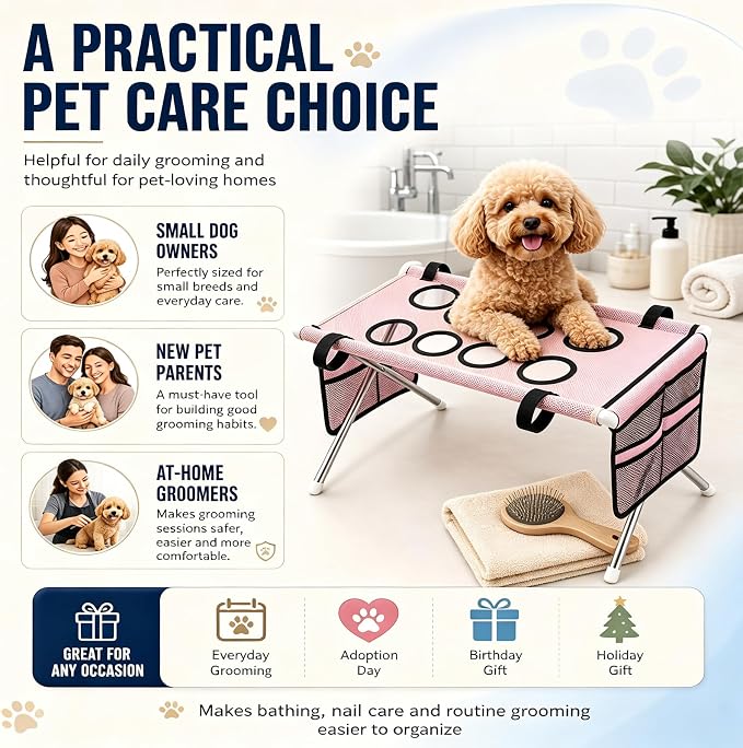 2-in-1 Foldable Pet Grooming Bed, Portable Pet Bathing Stand (Khaki,B) | Dog Grooming Hammock with Foldable Frame and Mesh Side Pockets, Suitable for Pet Washing Maintenance Travel Grooming