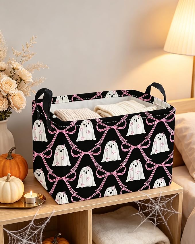 Essme Rectangular Halloween Basket,Ghost Storage Bins Organizer with Handles for Room Decor, Gift Basket,Shelf Basket.(Bow Ghost)