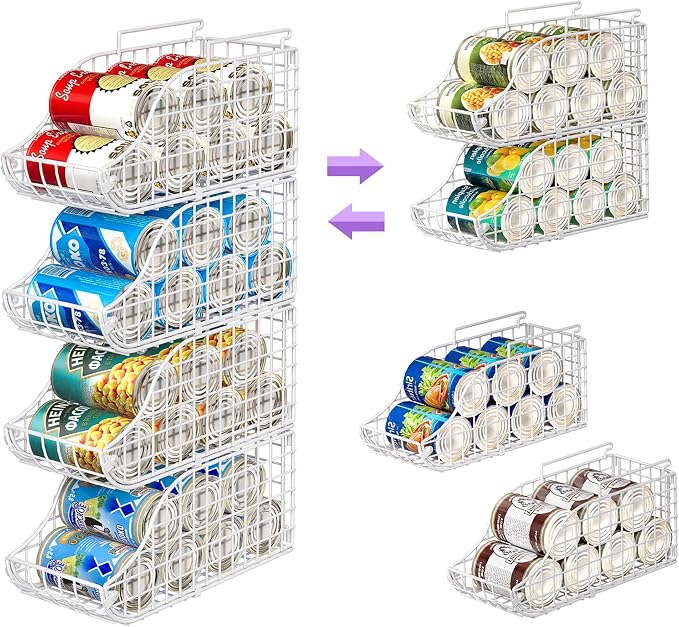 Sonyabecca 4-Pack Stackable Can Rack Organizer for Kitchen Pantry，White | Soda Can Organizer and Food Storage Dispenser for Pantry Cabinets. Foldable Wire Rack Keeps Canned Food Organized