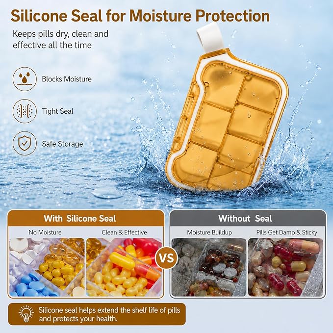 Small Pill Case, Travel Pill Organizer with Water-Proof Silicone Carry Loop | Pocket Size Medicine Box, 7 Compartments Compact Pill Box for Fish Oil Vitamins Supplements Daily Medications