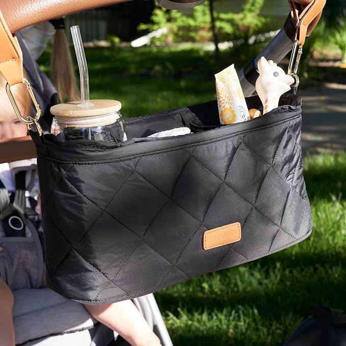 Beautiful Stroller Caddy Organizer With 2 Cup Holders - Zipper Pocket Bag | Luxury Stroller Bag with Universal Fit and Leather Straps - Spacious Accessories Perfectly Fits Doona, Nuna and Uppababy