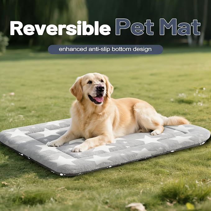 Dog Bed Mat, Reversible Dog Crate Pad with Washable Kennel Mat and Soft Foam, Pet Bed for Dogs & Cats, for Crates Carriers & Travel(Big&Small Stars Grey, 35" L*23" W*1.5" Th)