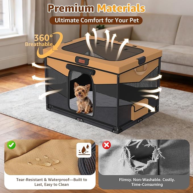 LOOBANI Foldable Dog Playpen with Washable Pee Pad, 32"x24"x22", Brown | Portable Pet Playpen for Small Dogs Cats Indoor Use, Sturdy Dog Crate with Premium Frame and 690D Oxford Waterproof Cover