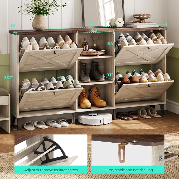LINSY 63" Farmhouse Shoe Storage Cabinet Washed White | Tall Flip-Drawer Shoe Rack for Entryway, Adjustable Shelves for Boots, Heels & Sneakers Wood Finish with Sturdy Metal Legs