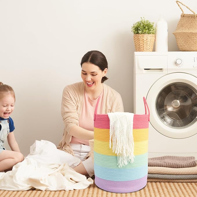 Woven Cotton Rope Laundry Basket, 15" x 20" Laundry Hamper, Rainbow | Rope storage basket for dirty clothes, toys and blankets. Perfect for bathroom, baby nursery and living room storage.