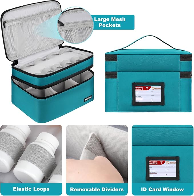 LEFOR·Z Medicine Storage Bag,Double Layers Pill Bottle Organizer Bag Empty | Medical Supplies Bag with Lockable Zipper & Adjustable Divider,Medication Travel Carrying Bag for Pills,Vitamins,Teal Color