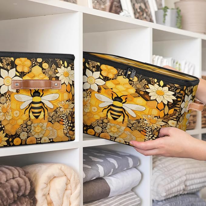Storage Bins Honey Bee Storage Basket with Zipper Lid & Handle Foldable Storage Box Storage Cube Bin Clothes Organizer for Closet, Bedroom