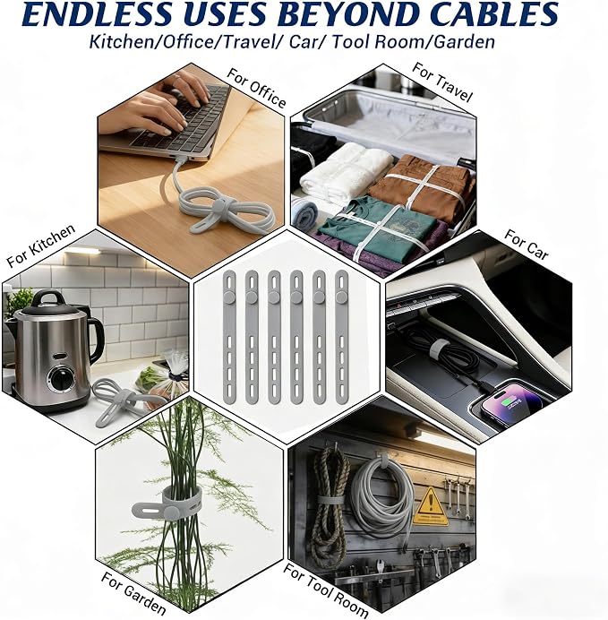 24 Pack Silicone Cable Ties, Cord Wrap for Home Office Travel Organizer | reusable, durable, adjustable, waterproof, elastic wire straps, multipurpose desk organization charger cord management holder