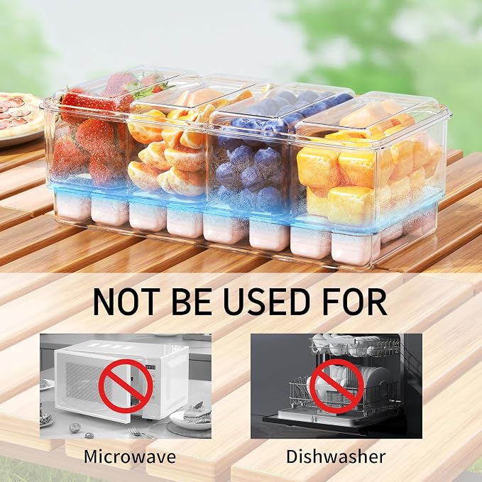 2Pack Ice Chilled Condiment Caddy with 4 Removable Containers Taco Ingredient Server with Lid Cooled Garnish Caddy Tray for Taco Mimosa Bar Sauce Fruits&Veggies White