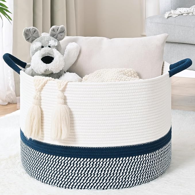 67L Large Blanket Basket, 20"x13" Blanket Basket Living Room, Woven Baskets With Handle, Toy Baskets for Blankets, Nursery, Dog, Pillow, Gift (White & Navy Blue)