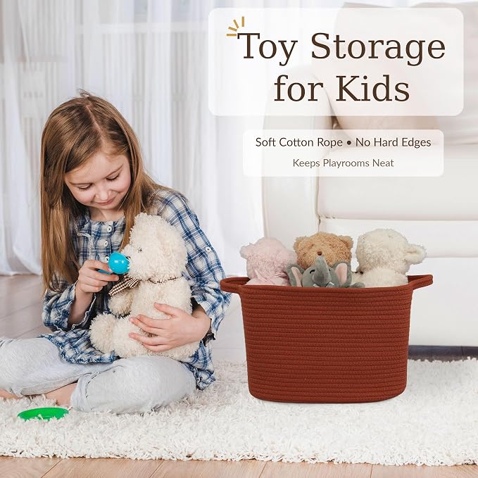XUANGUO Woven Cotton Rope Storage Basket with Handles 13x10x9 inch Rustic | Woven cotton rope basket for shelves and closets. Perfect for toys, books, clothes, nursery storage and gift baskets.