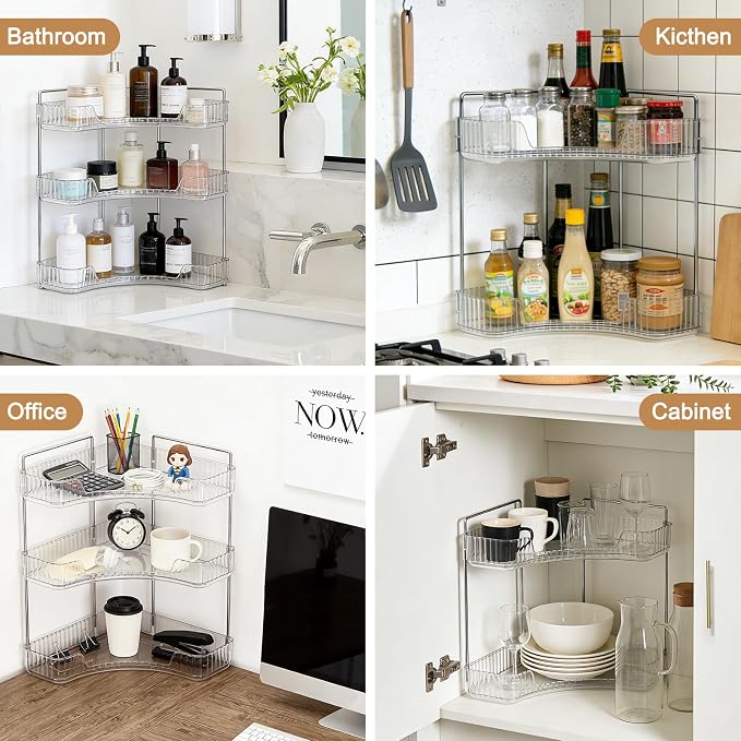 Corner Bathroom Counter Organizer, Vanity Organizer - Countertop Corner Shelf for Makeup Storage,Spice Racks for Kitchen Corner (Clear, 3-Tier)